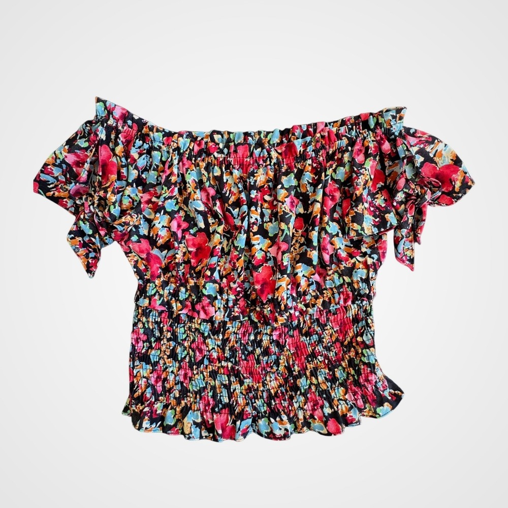 Zara Basic Z1975 Denim Floral Smocked Off Shoulder Crop Top Tie Sleeve‎ Multi S